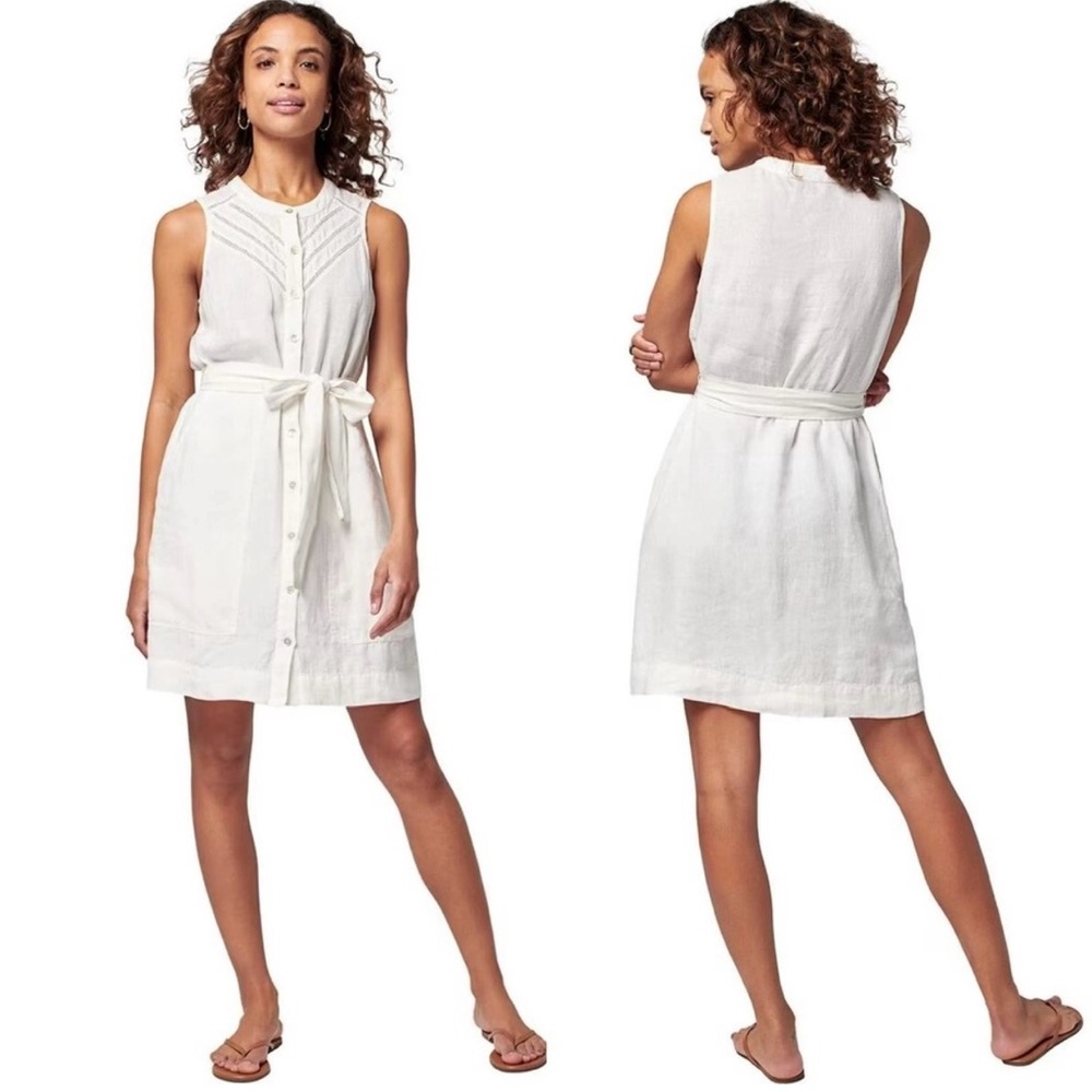 Faherty Bria Ivory Linen Button Front Sleeveless Belted Shirt Dress Size S